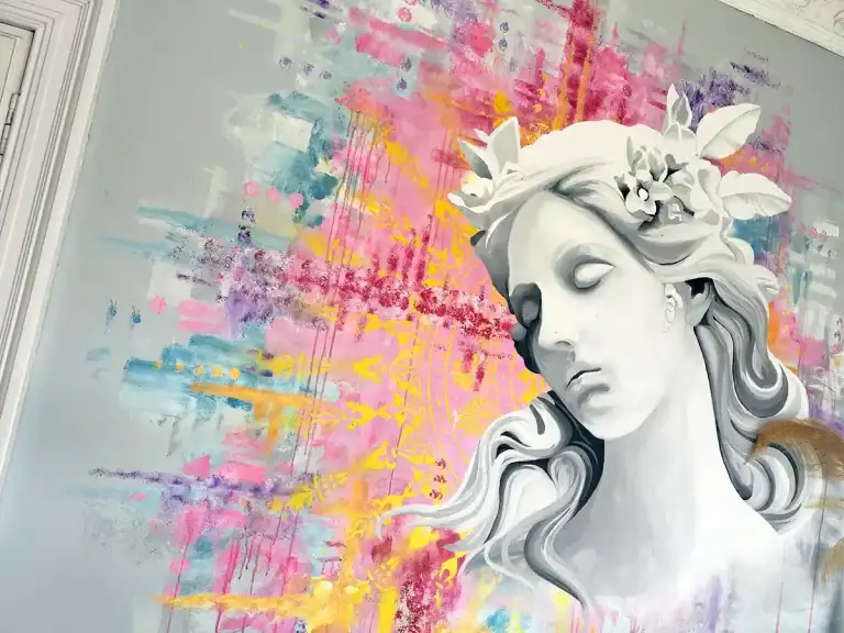 Greytones classical statue mural over colorful abstract background in a home by Edinburgh mural artist David Jimenez