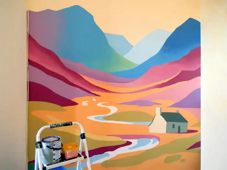 Glencoe painted with bright simple shapes on a wall by David Jimenez